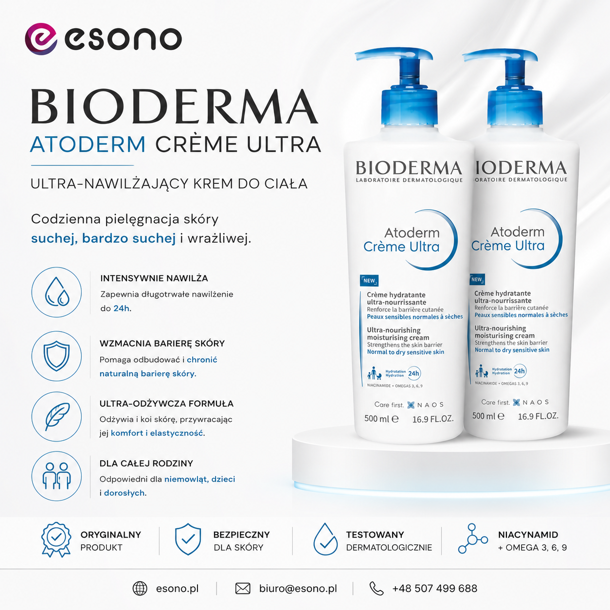 Bioderma Krem Ultra Nawilżający Opakowanie 2 x 500 ml