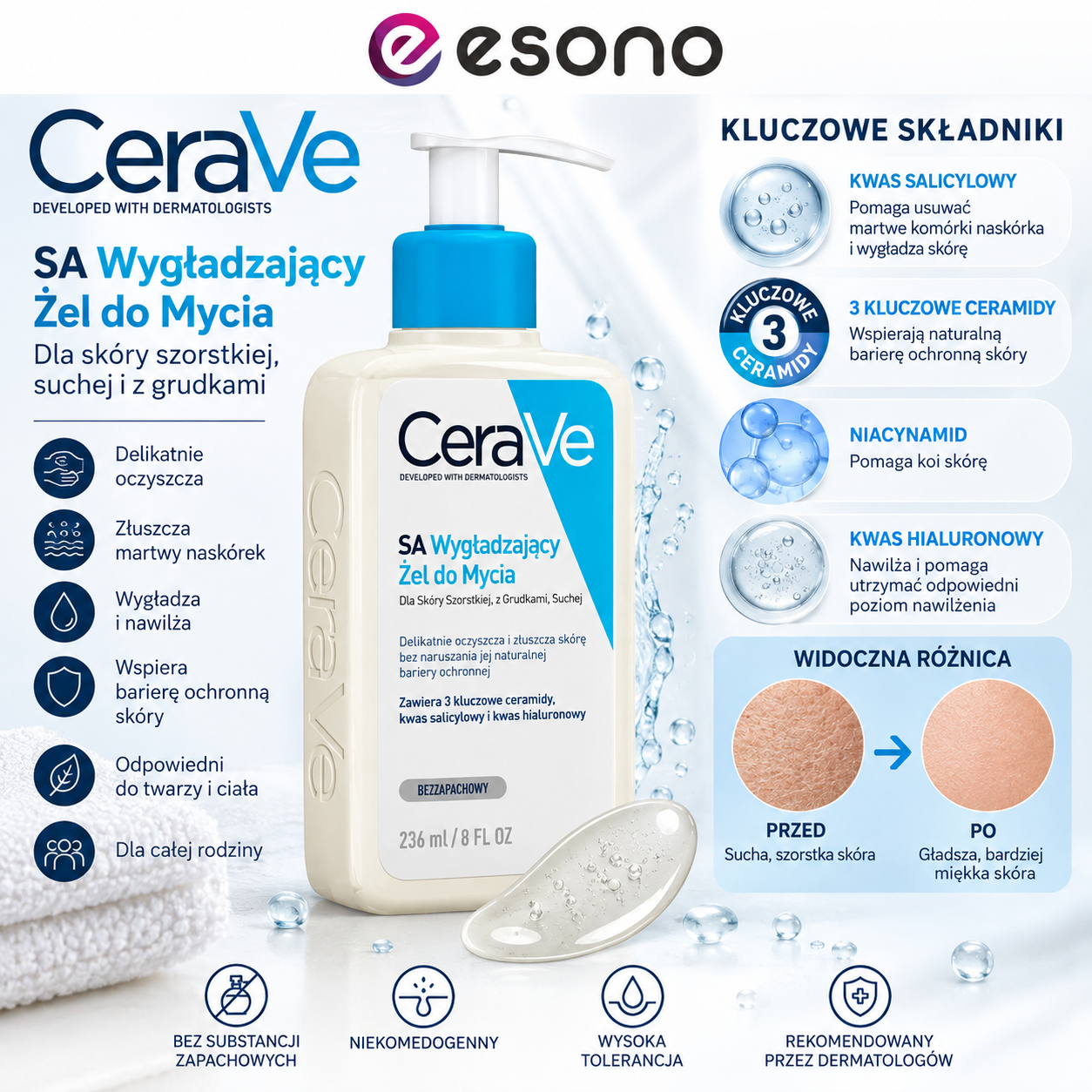 CeraVe SA Wygładzający Żel do Mycia 236 ml – skóra sucha i szorstka