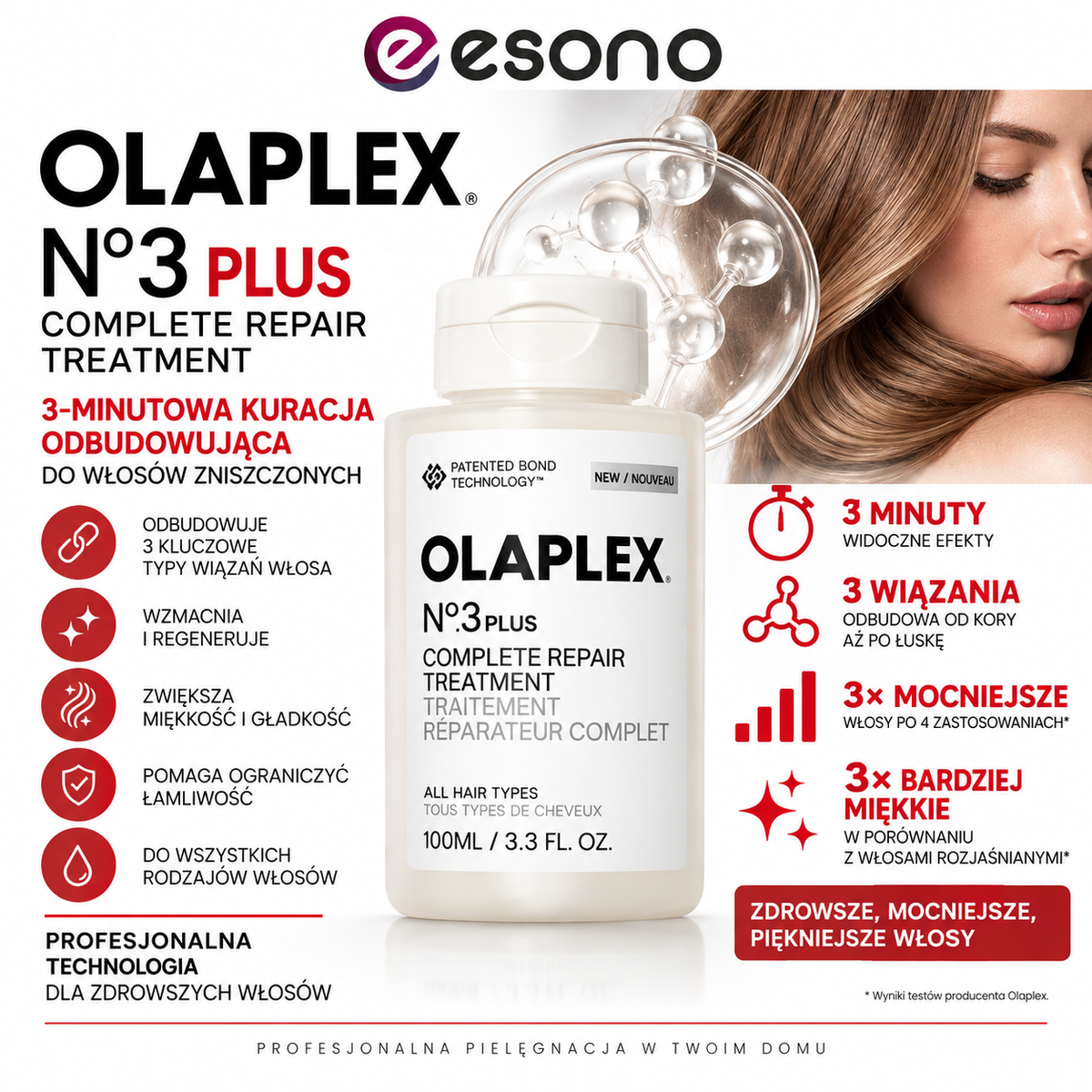 Olaplex No 3+ Complete Repair Treatment 3-Minutowa Kuracja Odbudowująca do Włosów Zniszczonych 100 ml